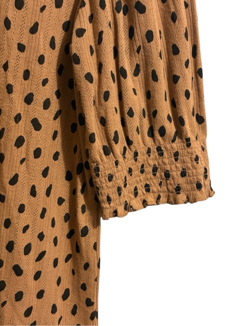 Lucky Brand Tan Top with Black Dot Print and Puff Sleeves - Picture 2 of 6
